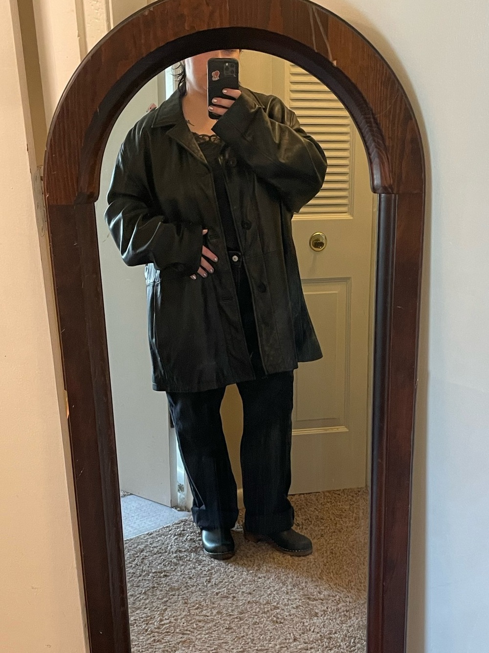 Black Leather Button-Up Coat